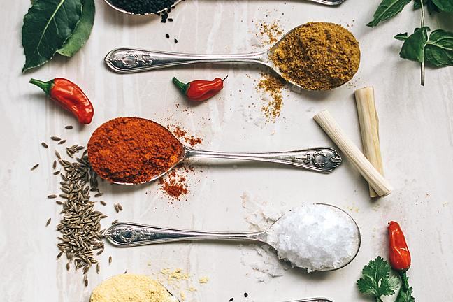 Spices displayed in spoons