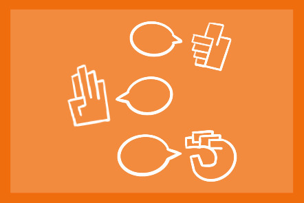 Three hands in a minimalist line-drawing style, arranged vertically like speech bubbles, fingerspelling A, B, and C in Chinese Sign Language from top to bottom on an orange background.