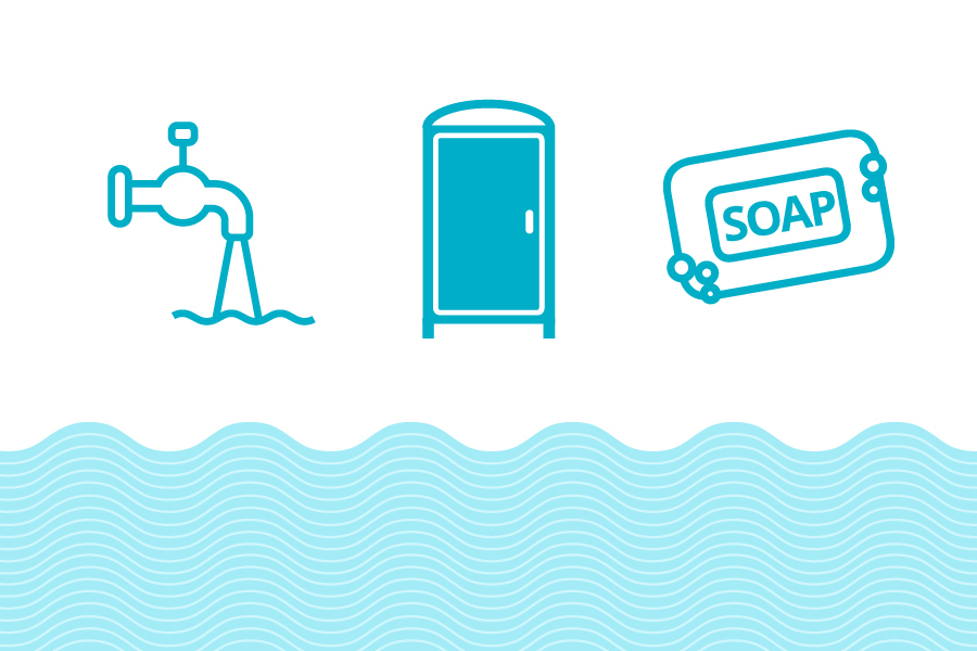 Cartoon images of a water faucet, a toilet facility and a bar of soap above waves of water on a blue background.