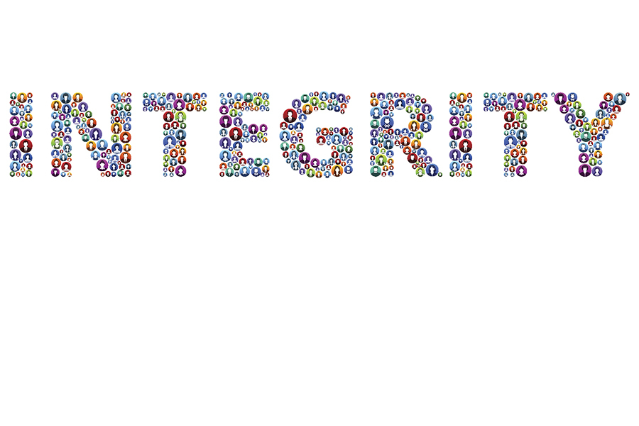 The word 'integrity' composed of small circular stylised images of people