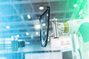Factory robot arm holding a Perspex plate, blue and green digital background.