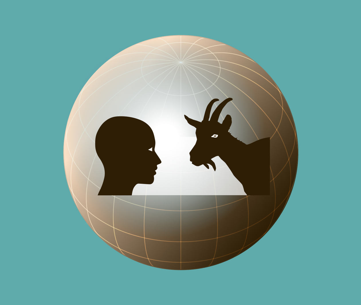 A human left looks at a goat right, in the backdrop the abstract globe of the earth