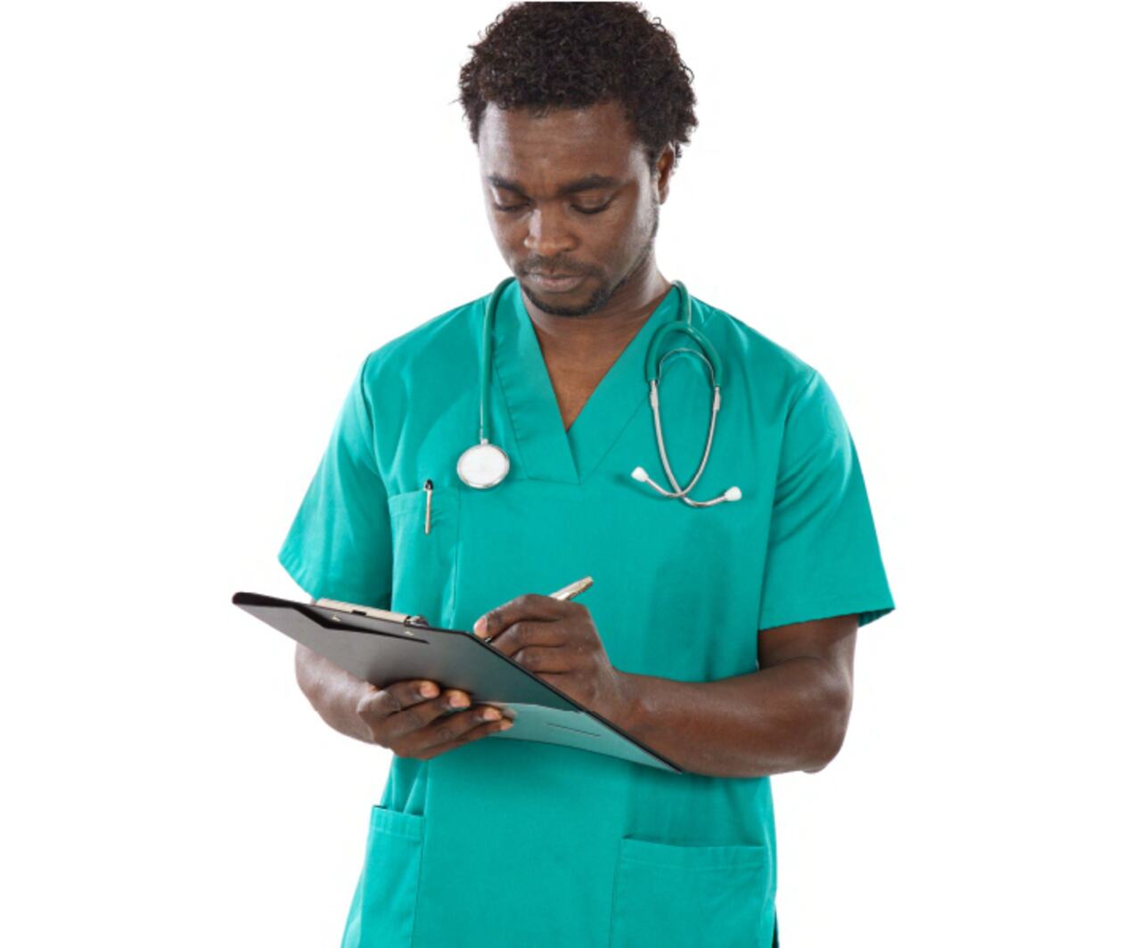 A veterinarian makes notes on a clipboard.