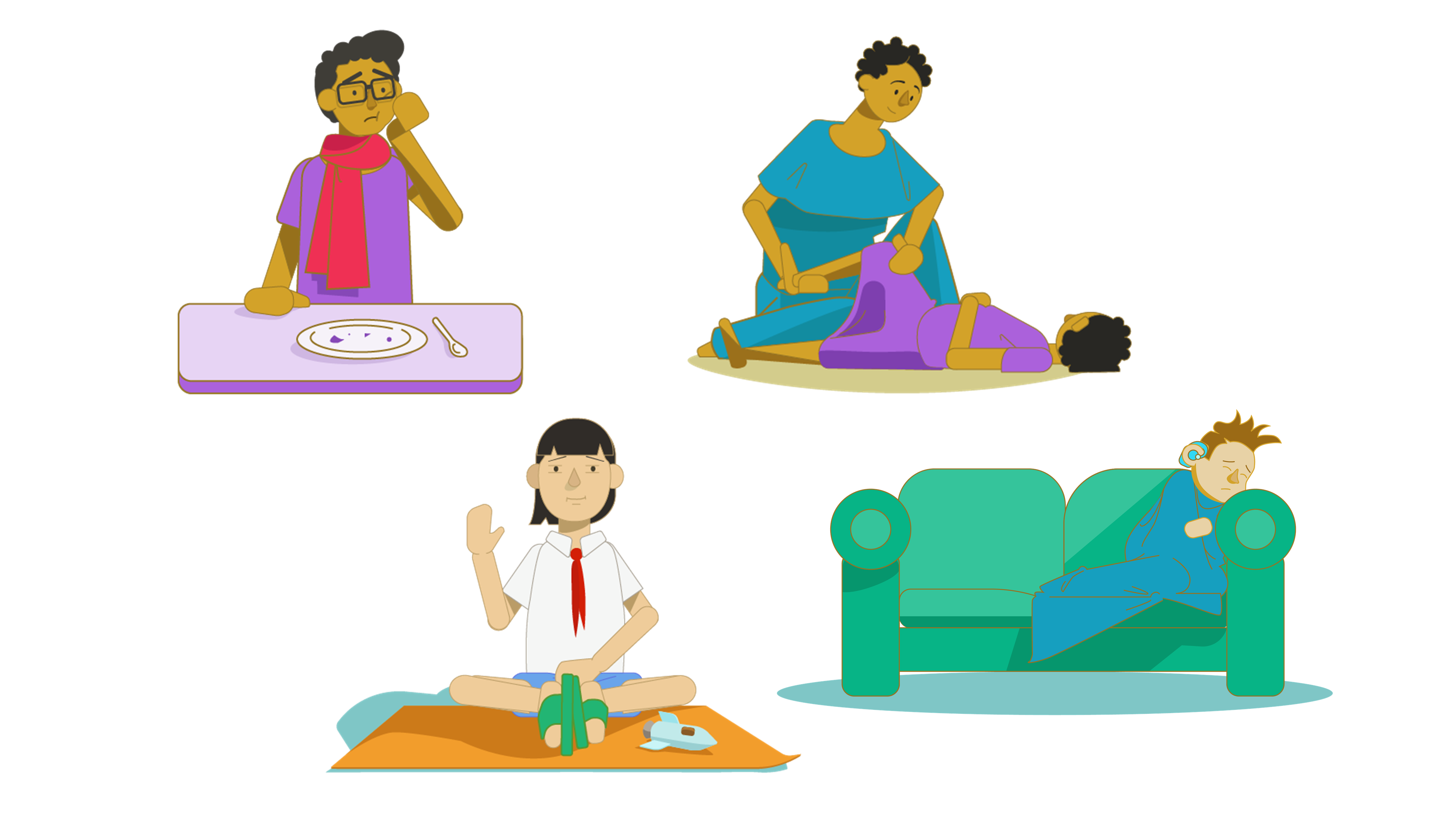 An illustration of our four case study characters. One teenage boy is holding his cheek. A girl is doing physio with her mother. Another girl is sitting and waving at us. A boy is wrapped in a blanket on the sofa.