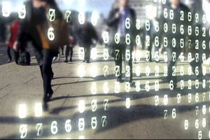 Learn to Code for Data Analysis course image: lines of code and data overlaid on an image of people walking down a street