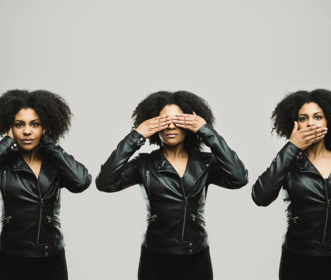 a young black woman in 3 poses: she uses her hands to cover first her ears, then her eyes, then her mouth.