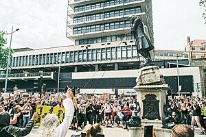 Protesters pulling down the statue of Edward Colston in Bristol, UK