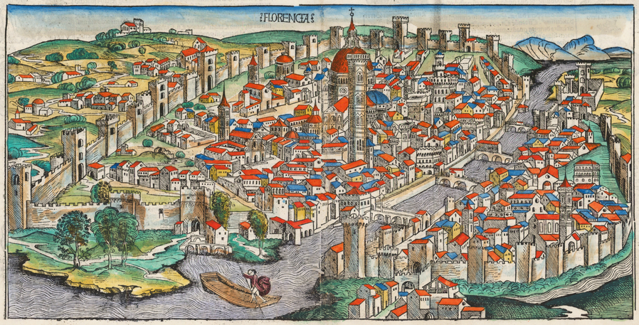 Colourful woodcut of Florence showing the river bisecting the city, and a boatman at the mouth of the river in the foreground.