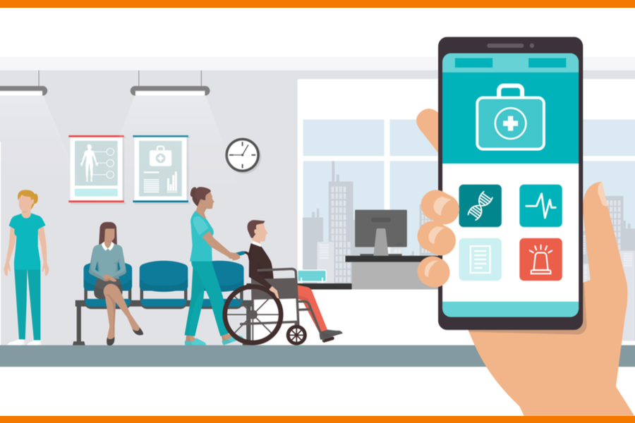 Graphic of different staff in a hospital lobby (nurses, doctors, and others) that is teal and white and designed in a cartoon style. On the very right is a hand holding up a smartphone that displays apps related to health on the screen.