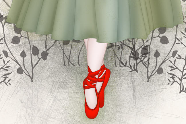Image of a pair of feet in red ballerina shoes