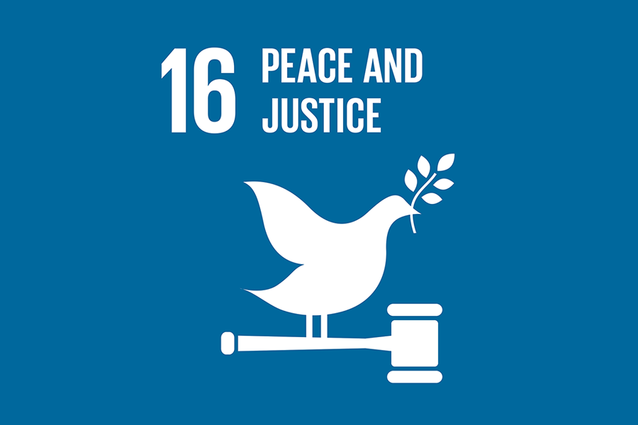 An image of SDG 16: Peace and Justice on a blue background with a dove, gavel and olive branch.