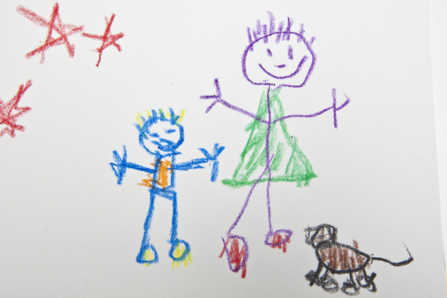 Young child's drawing of adult, child and dog