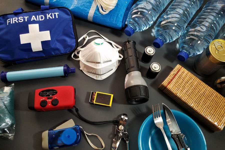 first aid equipment spread-out on floor