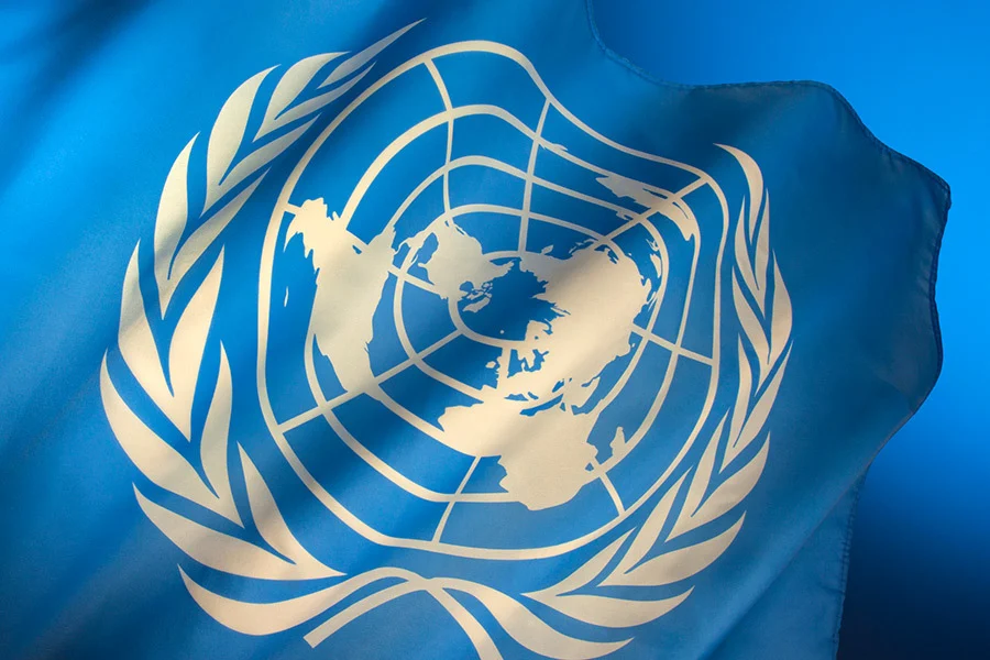 United nations flag caught by the wind.