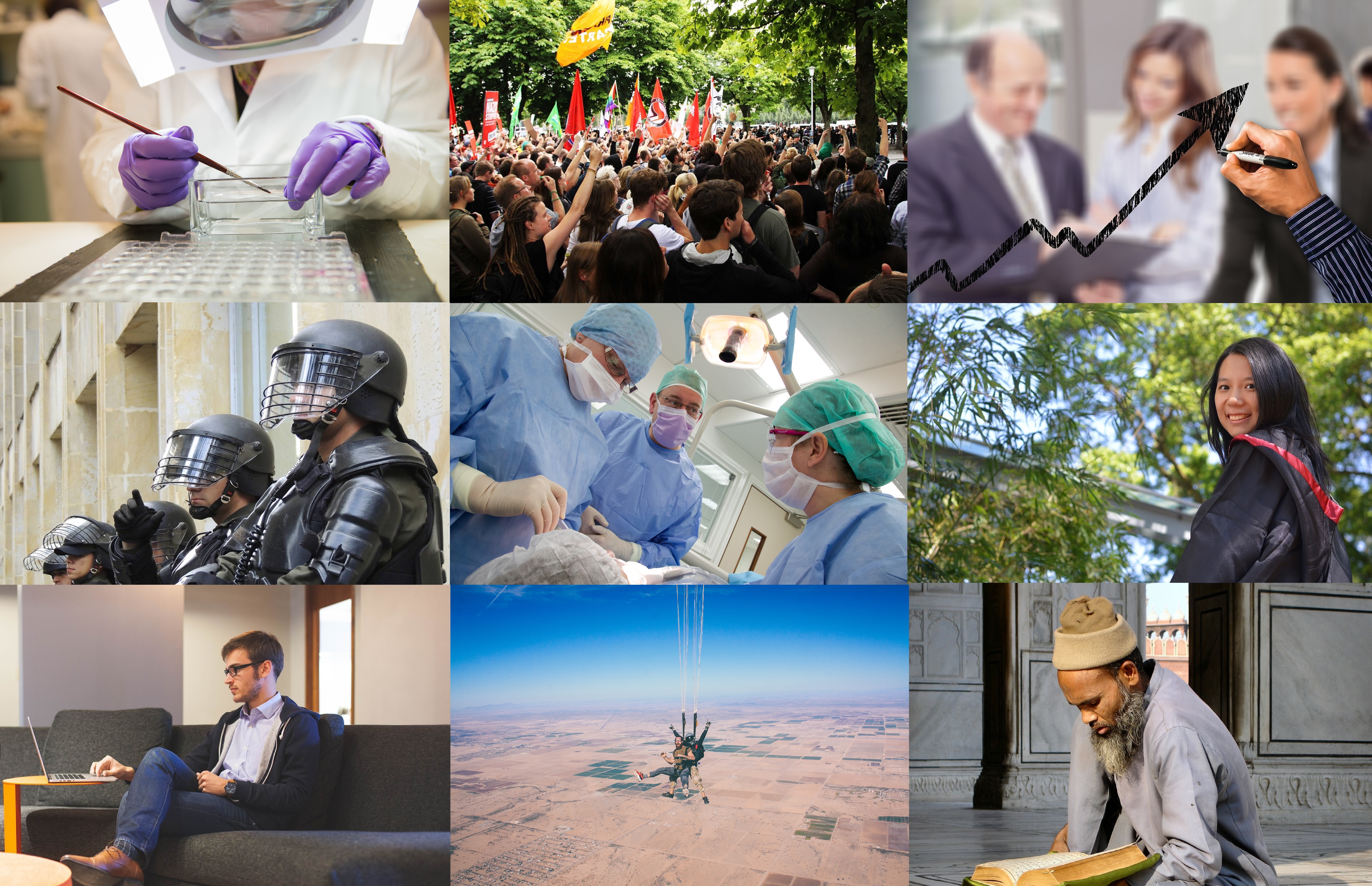 Collage of different roles: Scientist, activist, business person, police, surgeon, academic, young person working on a computer, skydiver, religious person