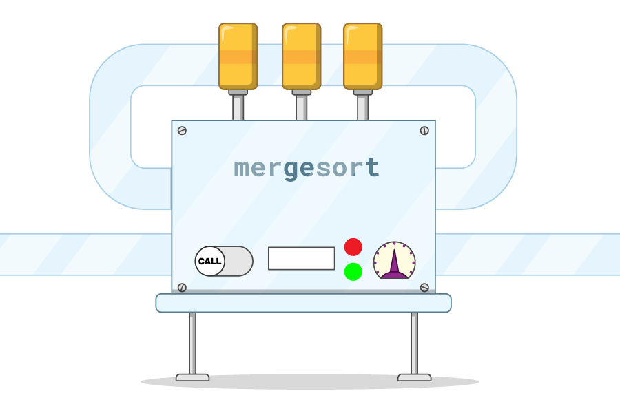 A function machine labelled 'mergesort'. It has a tube for an input coming in from the left side of the image into the left of the machine, and an output going out from the right. Another tube loops around from the right output side to the left input side