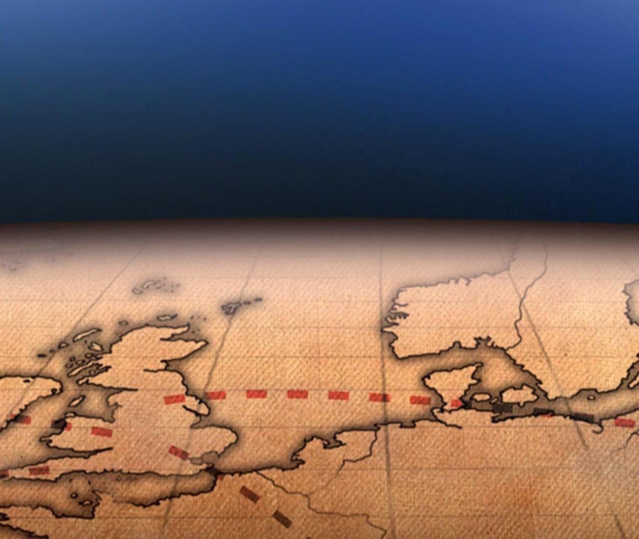 Antique map of Europe with dotted lines leaving Britain to illustrate their expansion.