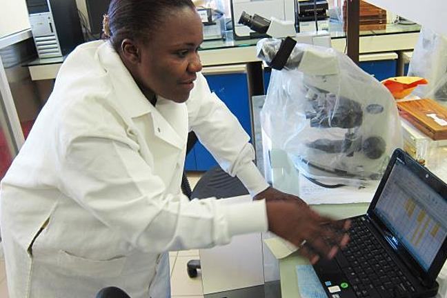 A Haitian woman in a white laboratory coat typing on a computer in a laboratory. There is also a large microscope on the work top, next to her computer. She is conducting blood sample evaluations.