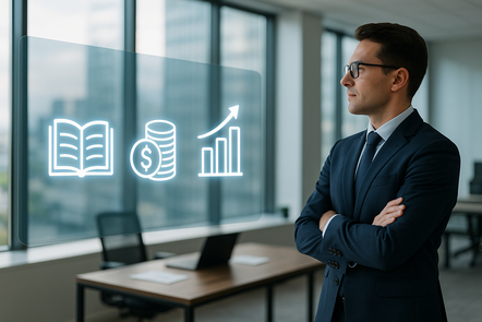Businessman in modern office viewing digital icons for learning, finance, and growth on a transparent screen.