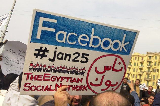 A placard from the 2011 Egyptian protests, which reads "Facebook, #jan25 The Egyption Social Network