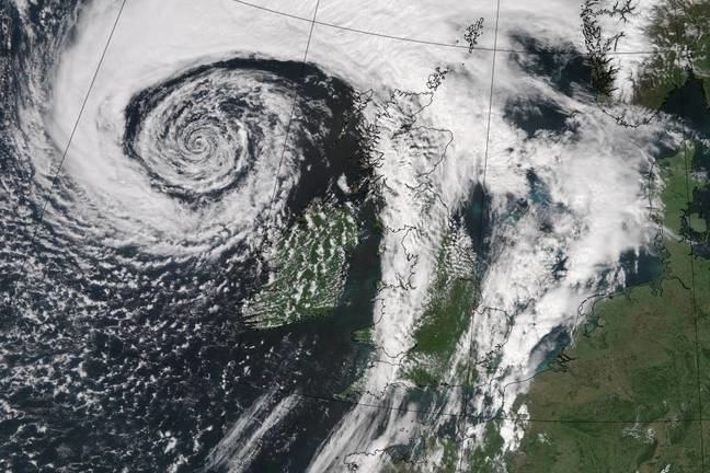 A satellite image of a weather front over the United Kingdom