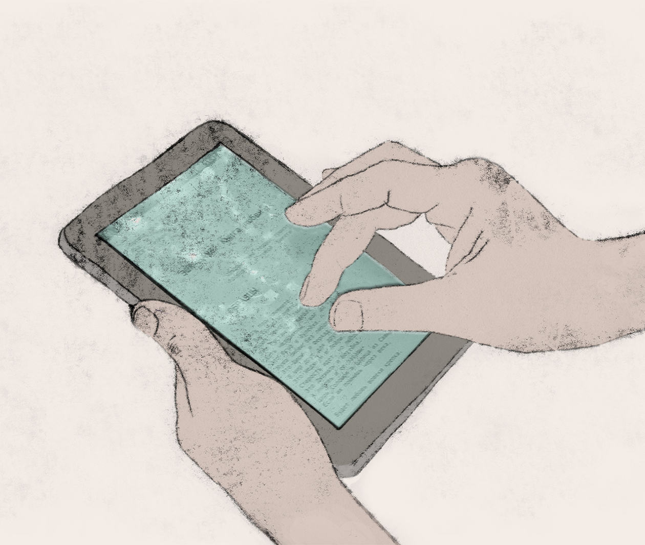 Reading in the Digital Age: an illustration of two hands, holding and operating a Kindle ebook reader.