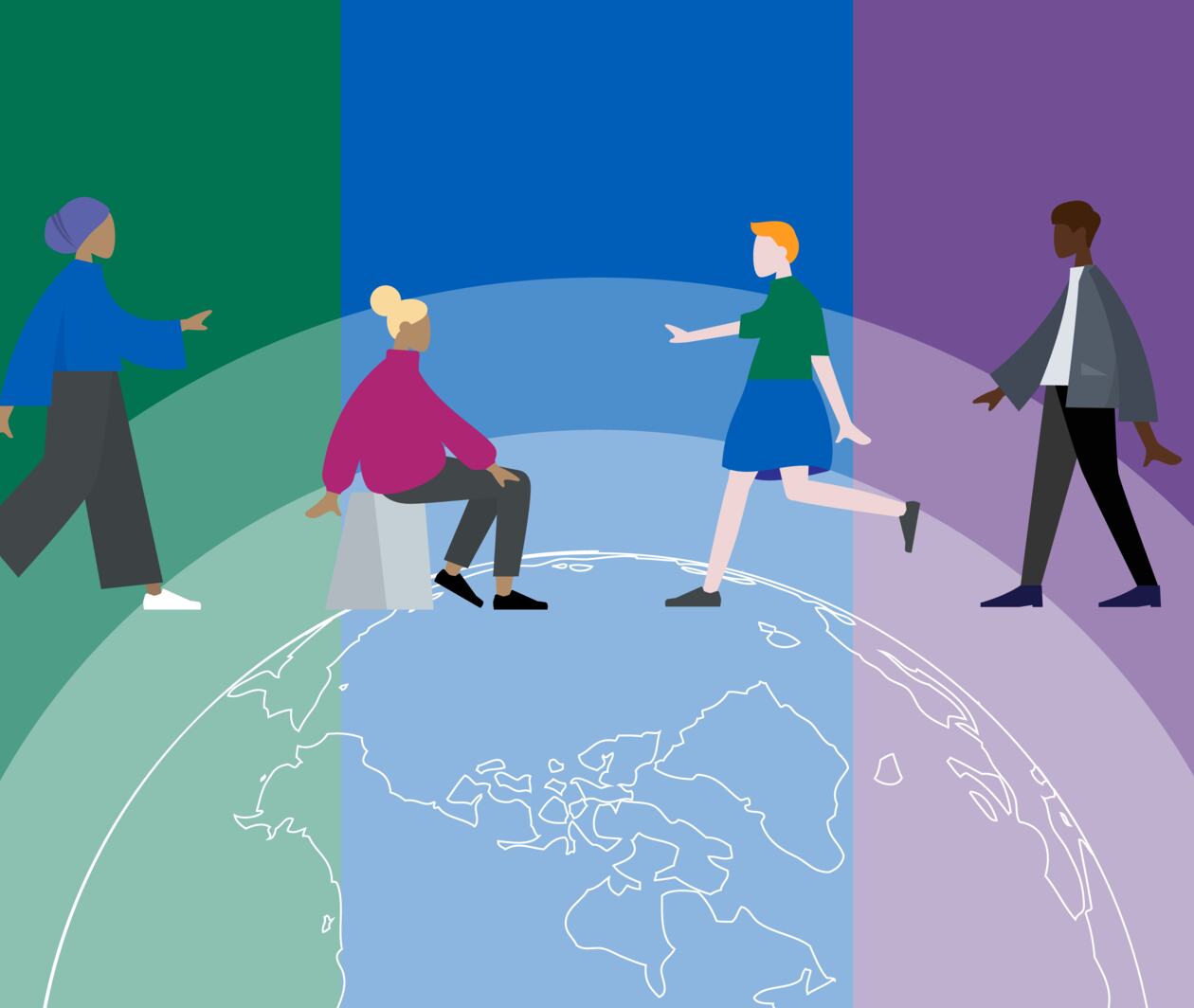 An illustrated image of four people with the earth shown in the background