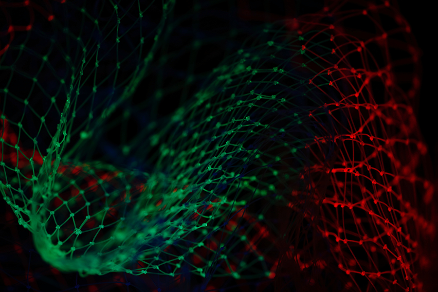 Net with green and red light shining on it