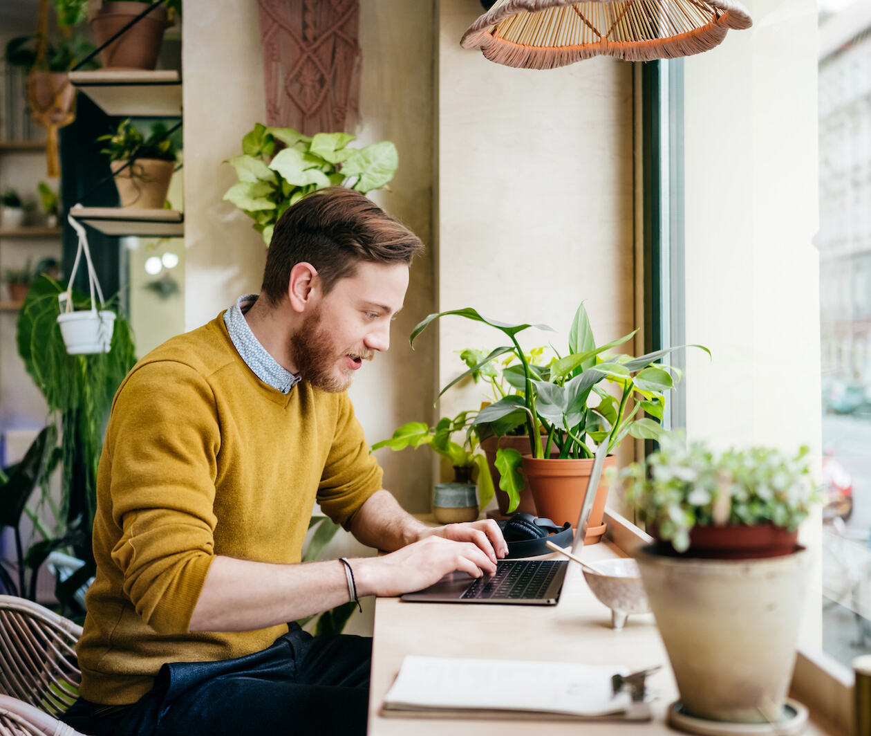 A young man sitting in a small café filled with green plants, using his laptop writing.