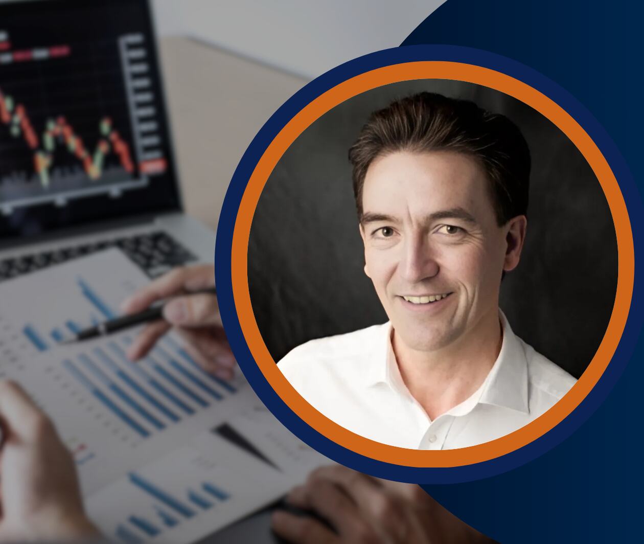 A professional headshot of a smiling man in a white shirt, framed in blue and orange. The blurred background shows financial charts, stock data, and hands analyzing reports, representing AI-driven insights and data-driven decision-making