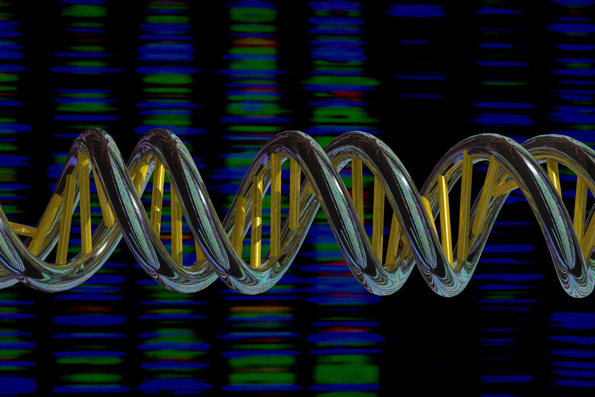 Colourful Image of a horizontal, double strand of DNA in front of a coloured sequence read out behind