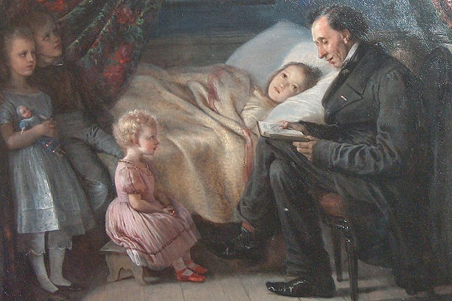 An image of Hans Christian Andersen sitting next to a bed reading a book to a girl laying on the bed and 3 children standing and sitting next to the bed