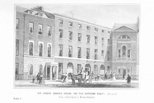 Sir Joseph Banks' House, Soho Square, with horse and carriage and people in foreground