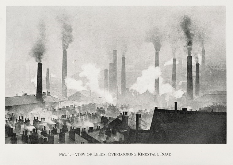 An old black and white painting of Leeds cityscape and rooftops with large industrial chimneys emitting smoke and domestic chimneys also emitting smoke