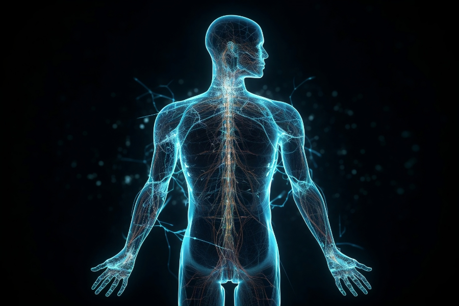 Glowing vessels in the human body.