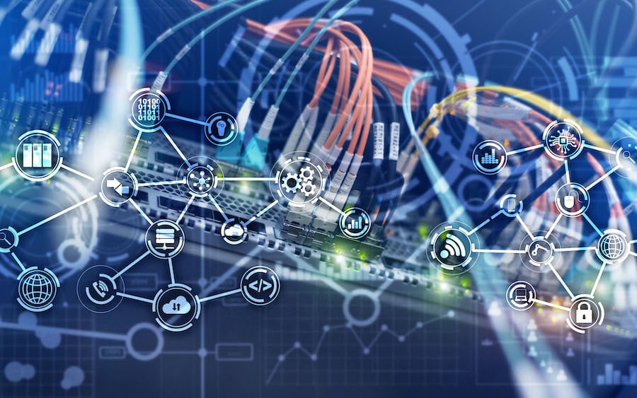 Icons of services connected via cloud computing and network cables