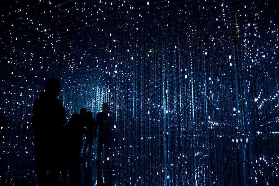 silhouettes of people surrounded by tiny lights