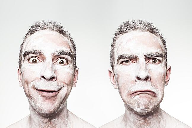 Two images of the same man, one with a happy face, the other with an unhappy face