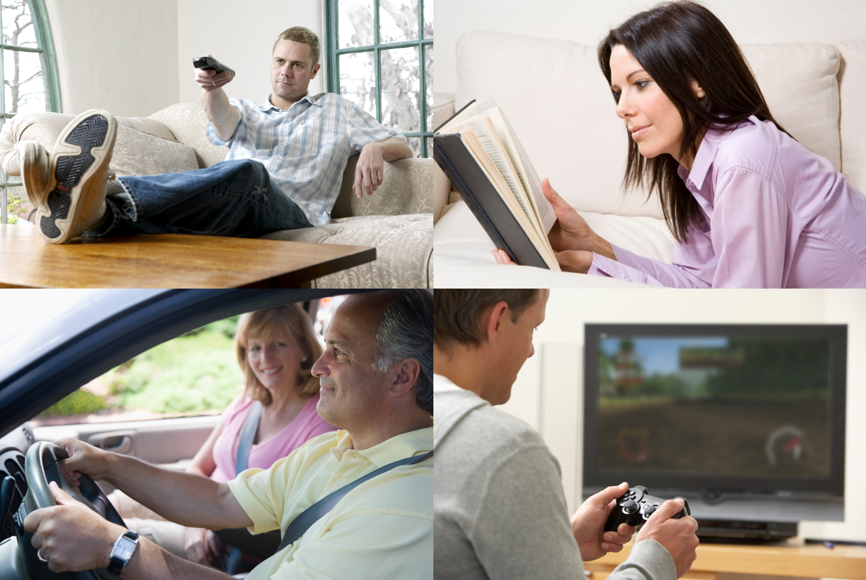 A collage of people being sedentary including playing video games, driving, watching television and reading a book.