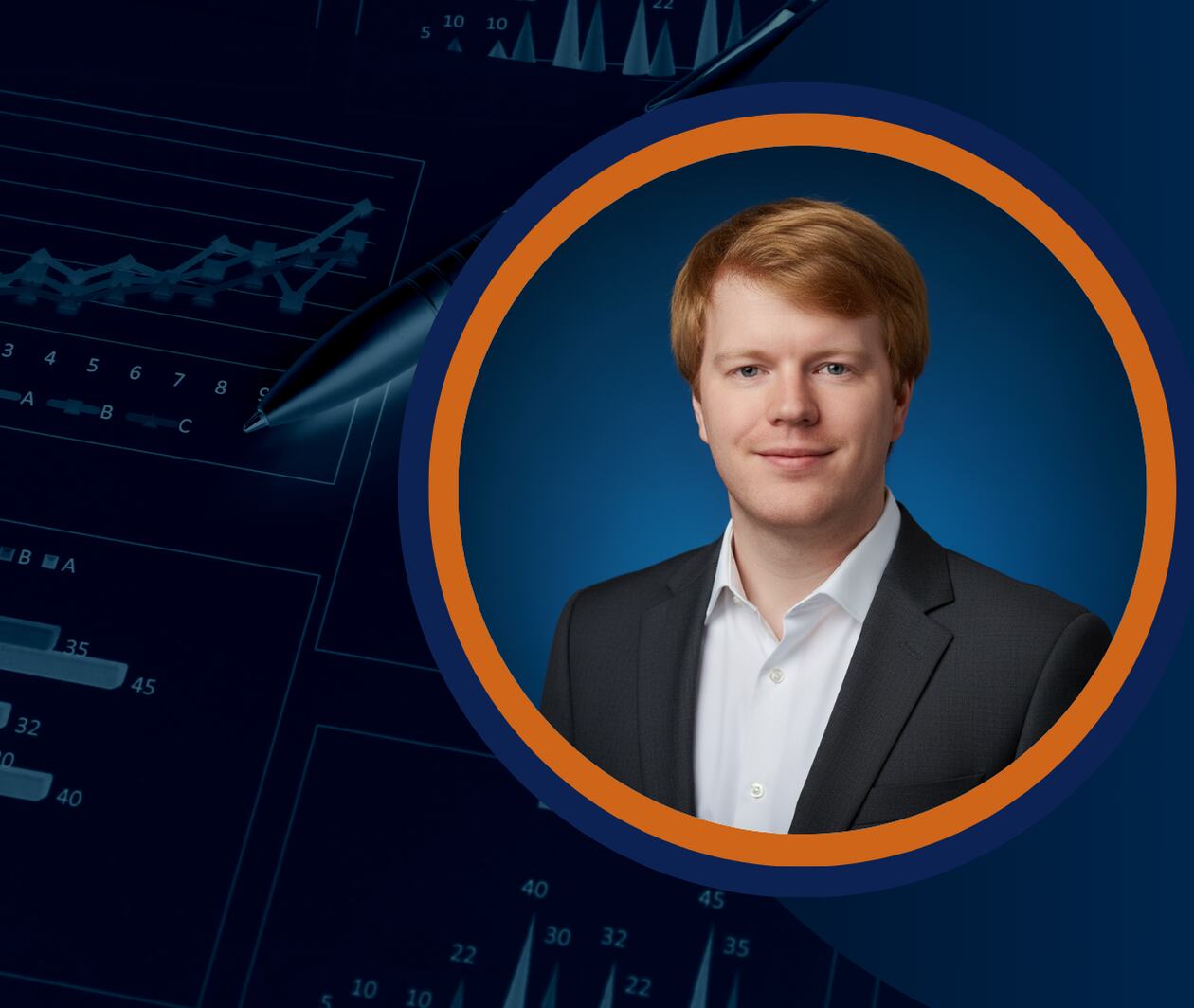 A professional man is featured against a background of graphs and data visualizations. This image is ideal for promoting a financial modeling course, highlighting skills in data analysis and finance fundamentals.