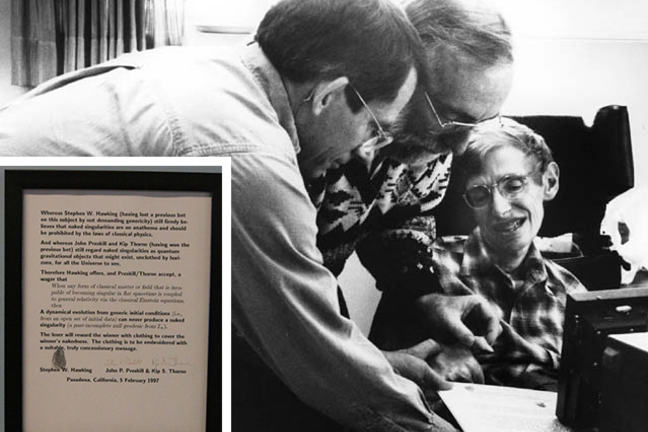 Stephen Hawking, John Preskill and Kip Thorne having a bet on the black hole information paradox