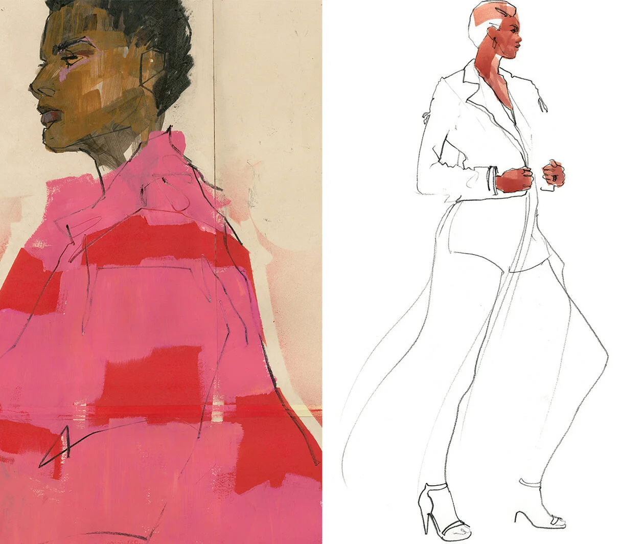 Two sketched side by side displaying fashion product designs on models.