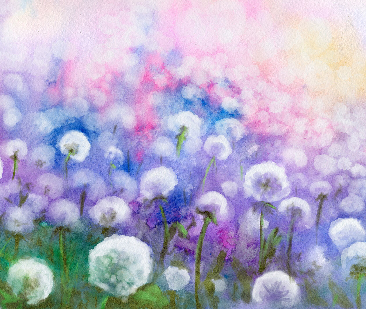 Field of dandelions, watercolor painting