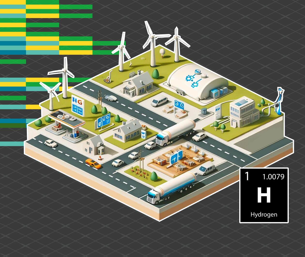 depiction of a town layout with hydrogen infrastructure