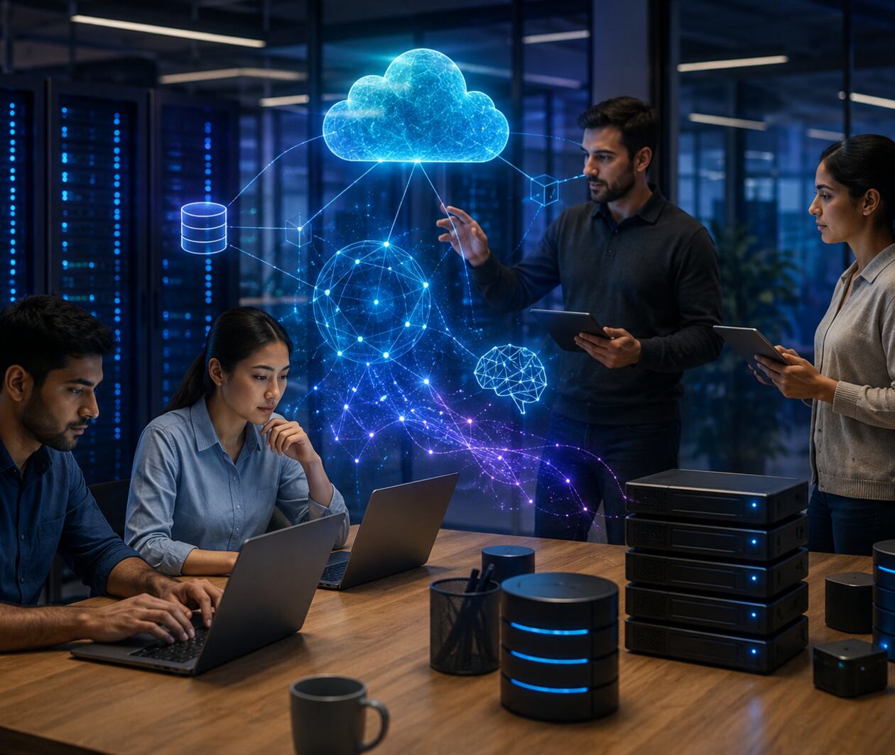 A group of young people, with an augmented cloud above their devices
