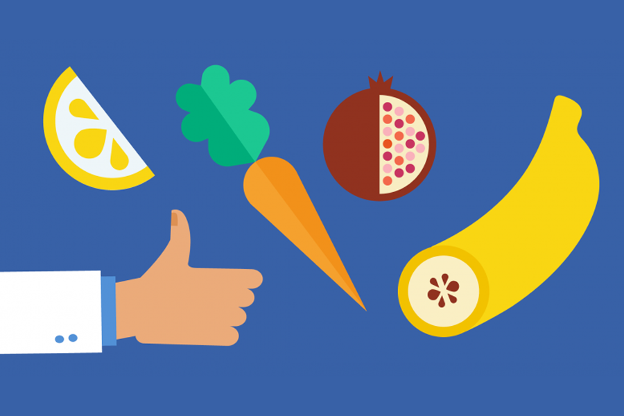 An illustration of a banana, carrot, apple and a hand with thumbs up