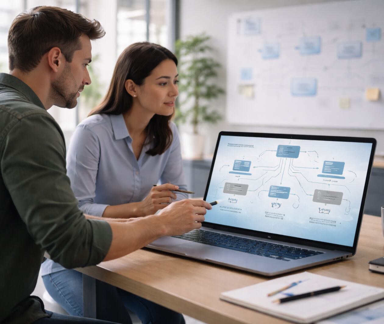 Two people sat at a laptop looking at a screen together