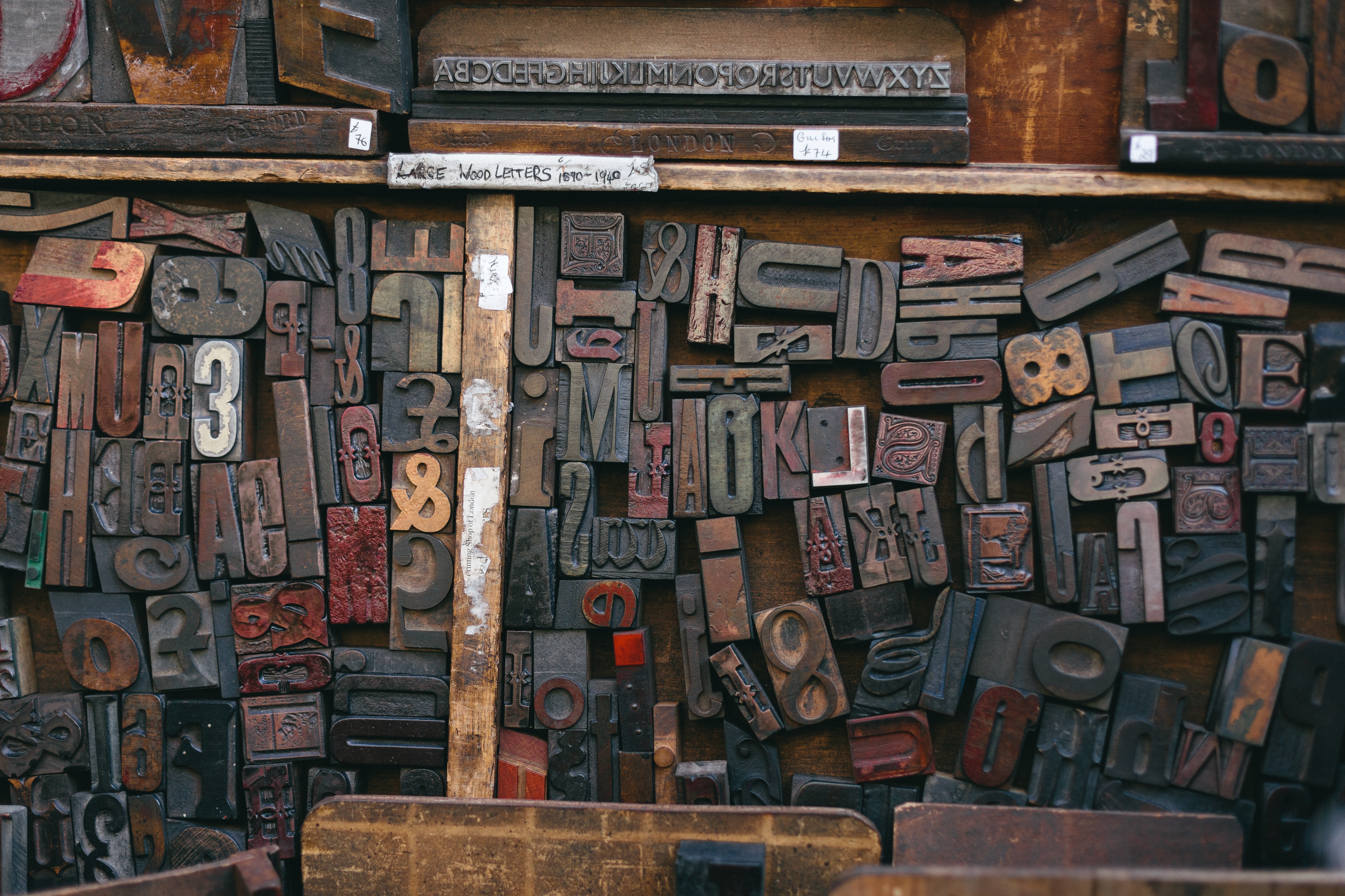 Random antique wooden letters on the wooden floor