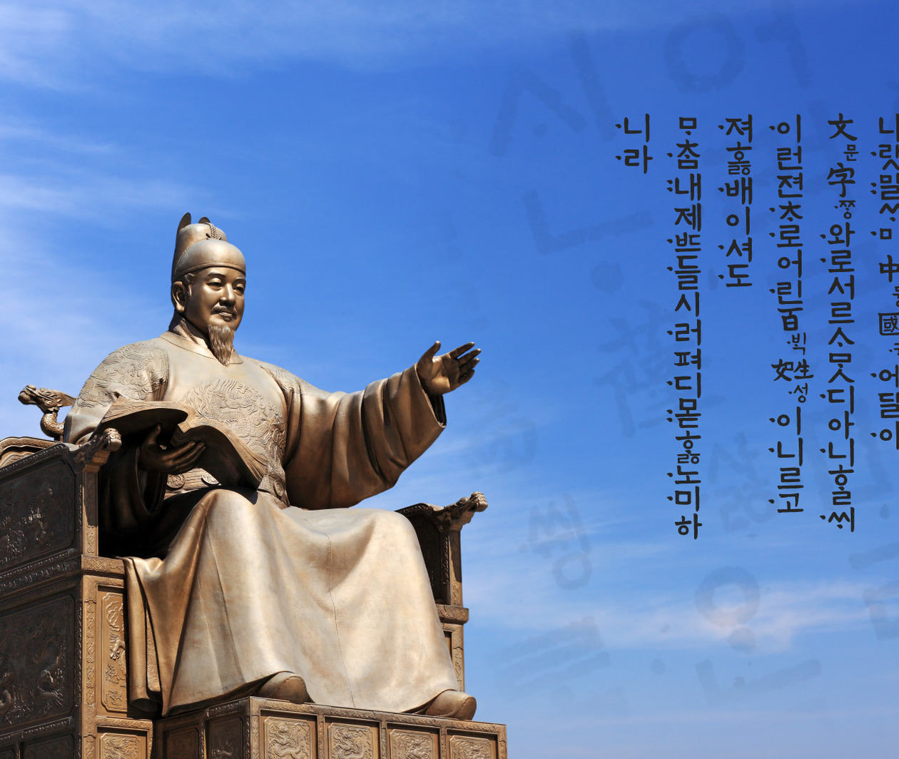 A large golden statue of King Sejong holding the book of Hunminjeongeum sits in front of a blue sky. Hangul letters overlay the right side of the image.