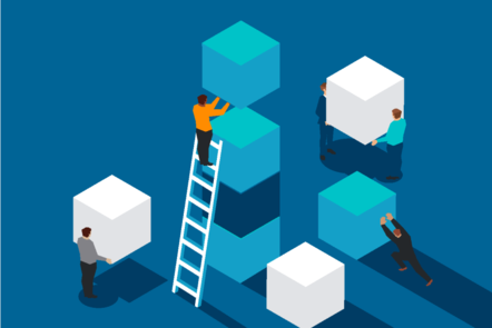 A group of people placing the building blocks of good governance. 